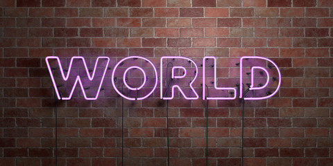 WORLD - fluorescent Neon tube Sign on brickwork - Front view - 3D rendered royalty free stock picture. Can be used for online banner ads and direct mailers..