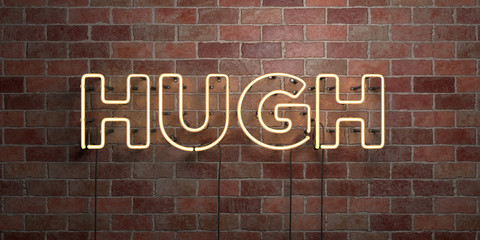 HUGH - fluorescent Neon tube Sign on brickwork - Front view - 3D rendered royalty free stock picture. Can be used for online banner ads and direct mailers..