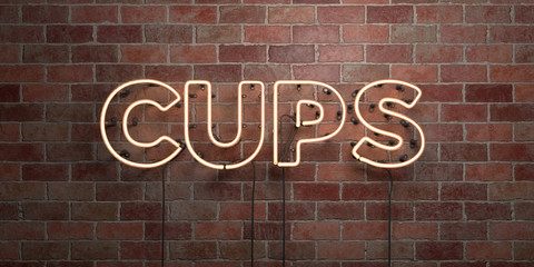 CUPS - fluorescent Neon tube Sign on brickwork - Front view - 3D rendered royalty free stock picture. Can be used for online banner ads and direct mailers..