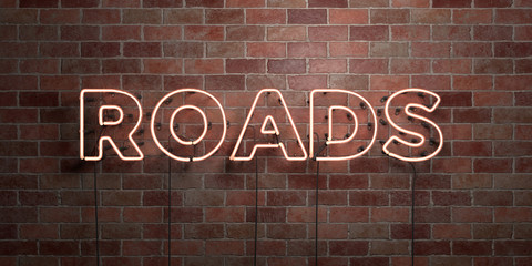 ROADS - fluorescent Neon tube Sign on brickwork - Front view - 3D rendered royalty free stock picture. Can be used for online banner ads and direct mailers..