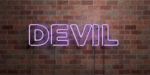 DEVIL - fluorescent Neon tube Sign on brickwork - Front view - 3D rendered royalty free stock picture. Can be used for online banner ads and direct mailers..