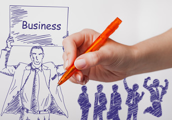 Business, technology, internet and networking concept. The girl draws a pen businessman with a poster in his hands. The sign reads: Business