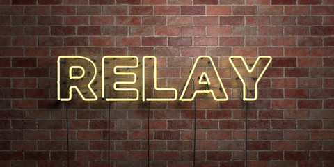 RELAY - fluorescent Neon tube Sign on brickwork - Front view - 3D rendered royalty free stock picture. Can be used for online banner ads and direct mailers..