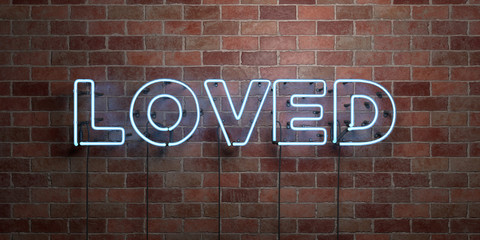 LOVED - fluorescent Neon tube Sign on brickwork - Front view - 3D rendered royalty free stock picture. Can be used for online banner ads and direct mailers..