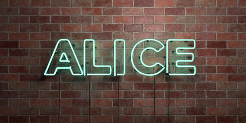 ALICE - fluorescent Neon tube Sign on brickwork - Front view - 3D rendered royalty free stock picture. Can be used for online banner ads and direct mailers..