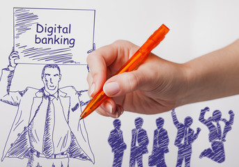 Business, technology, internet and networking concept. The girl draws a pen businessman with a poster in his hands. The sign reads: Digital banking