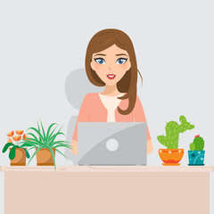 Fototapeta na wymiar business woman character in job at office work with laptop. people character vector design. customer service support.