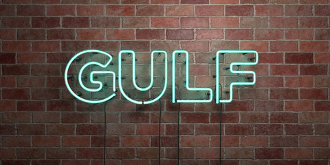 GULF - fluorescent Neon tube Sign on brickwork - Front view - 3D rendered royalty free stock picture. Can be used for online banner ads and direct mailers..