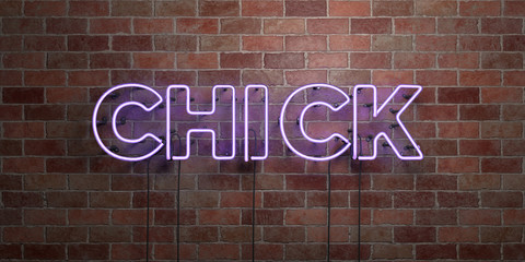 CHICK - fluorescent Neon tube Sign on brickwork - Front view - 3D rendered royalty free stock picture. Can be used for online banner ads and direct mailers..