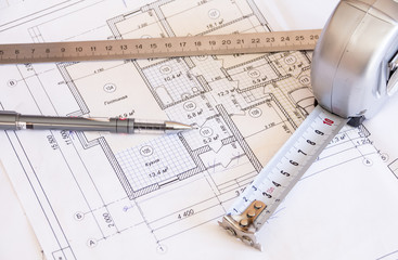 Architectural drawings and tools of the new apartments