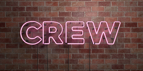 CREW - fluorescent Neon tube Sign on brickwork - Front view - 3D rendered royalty free stock picture. Can be used for online banner ads and direct mailers..
