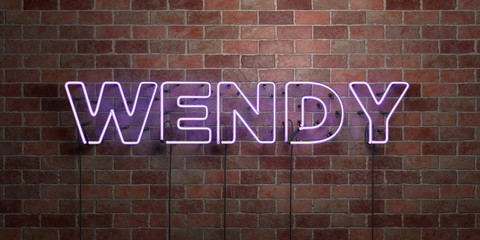 WENDY - fluorescent Neon tube Sign on brickwork - Front view - 3D rendered royalty free stock picture. Can be used for online banner ads and direct mailers..