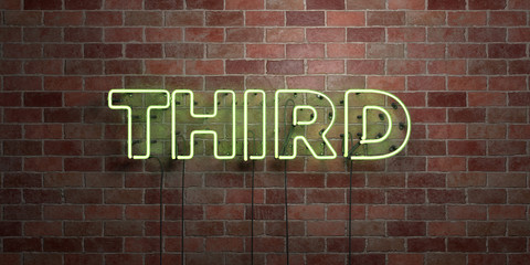 THIRD - fluorescent Neon tube Sign on brickwork - Front view - 3D rendered royalty free stock picture. Can be used for online banner ads and direct mailers..