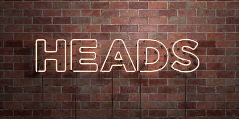 HEADS - fluorescent Neon tube Sign on brickwork - Front view - 3D rendered royalty free stock picture. Can be used for online banner ads and direct mailers..