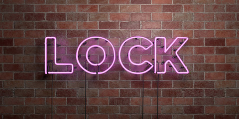 LOCK - fluorescent Neon tube Sign on brickwork - Front view - 3D rendered royalty free stock picture. Can be used for online banner ads and direct mailers..