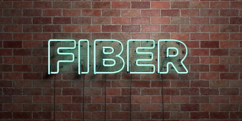 Obraz premium FIBER - fluorescent Neon tube Sign on brickwork - Front view - 3D rendered royalty free stock picture. Can be used for online banner ads and direct mailers..