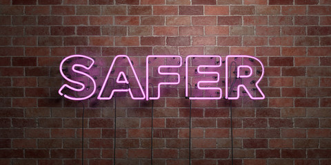 SAFER - fluorescent Neon tube Sign on brickwork - Front view - 3D rendered royalty free stock picture. Can be used for online banner ads and direct mailers..