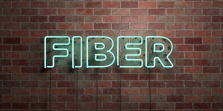 FIBER - fluorescent Neon tube Sign on brickwork - Front view - 3D rendered royalty free stock picture. Can be used for online banner ads and direct mailers..