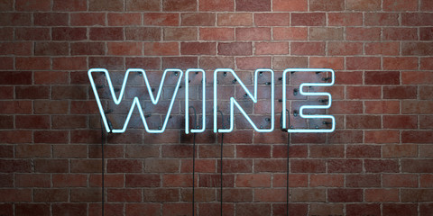 WINE - fluorescent Neon tube Sign on brickwork - Front view - 3D rendered royalty free stock picture. Can be used for online banner ads and direct mailers..