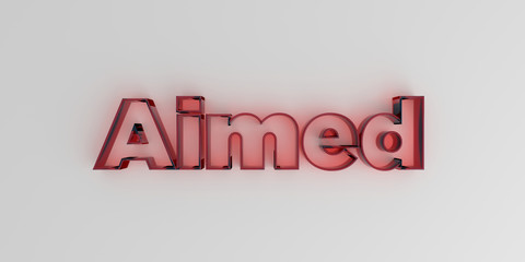 Aimed - Red glass text on white background - 3D rendered royalty free stock image.
