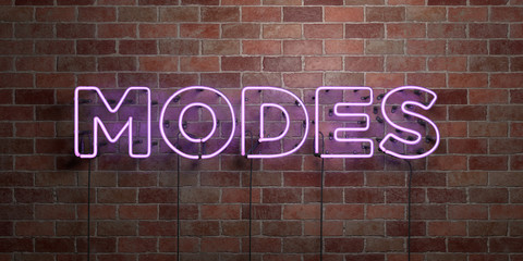 MODES - fluorescent Neon tube Sign on brickwork - Front view - 3D rendered royalty free stock picture. Can be used for online banner ads and direct mailers..