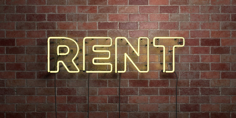 RENT - fluorescent Neon tube Sign on brickwork - Front view - 3D rendered royalty free stock picture. Can be used for online banner ads and direct mailers..