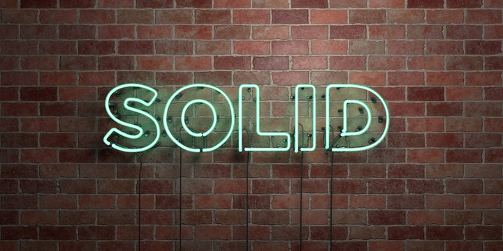 SOLID - fluorescent Neon tube Sign on brickwork - Front view - 3D rendered royalty free stock picture. Can be used for online banner ads and direct mailers..