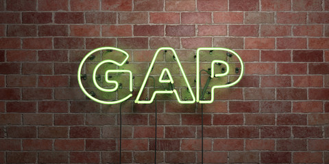 GAP - fluorescent Neon tube Sign on brickwork - Front view - 3D rendered royalty free stock picture. Can be used for online banner ads and direct mailers..