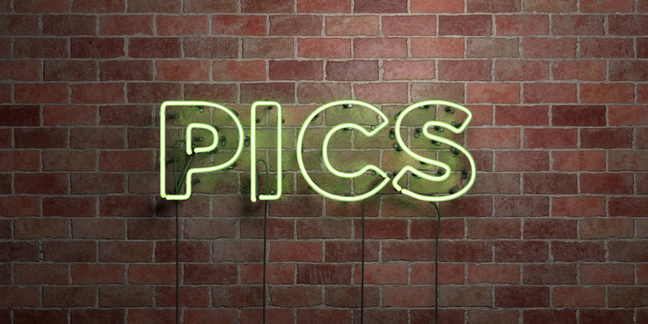 PICS - fluorescent Neon tube Sign on brickwork - Front view - 3D rendered royalty free stock picture. Can be used for online banner ads and direct mailers..