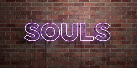 SOULS - fluorescent Neon tube Sign on brickwork - Front view - 3D rendered royalty free stock picture. Can be used for online banner ads and direct mailers..