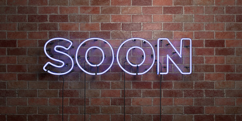Fototapeta na wymiar SOON - fluorescent Neon tube Sign on brickwork - Front view - 3D rendered royalty free stock picture. Can be used for online banner ads and direct mailers..