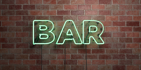 BAR - fluorescent Neon tube Sign on brickwork - Front view - 3D rendered royalty free stock picture. Can be used for online banner ads and direct mailers..