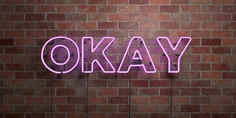 Obraz premium OKAY - fluorescencyjny neon świetlny znak na cegle - widok z przodu - 3D renderowane zdjęcie royalty free. Może być używany do banerów reklamowych online i bezpośrednich przesyłek pocztowych.