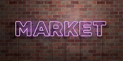 MARKET - fluorescent Neon tube Sign on brickwork - Front view - 3D rendered royalty free stock picture. Can be used for online banner ads and direct mailers..