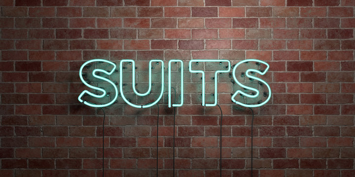 SUITS - fluorescent Neon tube Sign on brickwork - Front view - 3D rendered royalty free stock picture. Can be used for online banner ads and direct mailers..