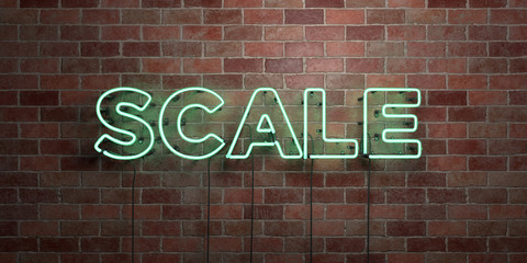 SCALE - fluorescent Neon tube Sign on brickwork - Front view - 3D rendered royalty free stock picture. Can be used for online banner ads and direct mailers..