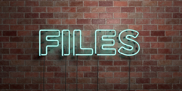 FILES - fluorescent Neon tube Sign on brickwork - Front view - 3D rendered royalty free stock picture. Can be used for online banner ads and direct mailers..