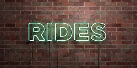 RIDES - fluorescent Neon tube Sign on brickwork - Front view - 3D rendered royalty free stock picture. Can be used for online banner ads and direct mailers..
