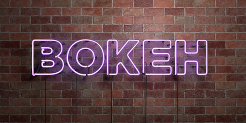 Fototapeta na wymiar BOKEH - fluorescent Neon tube Sign on brickwork - Front view - 3D rendered royalty free stock picture. Can be used for online banner ads and direct mailers..