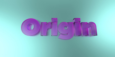 Origin - colorful glass text on vibrant background - 3D rendered royalty free stock image.