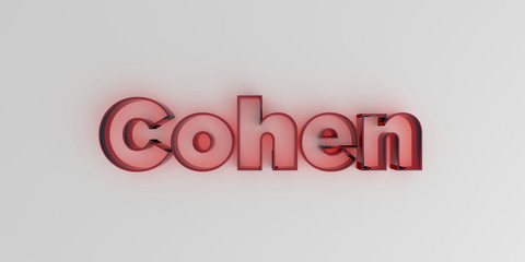 Cohen - Red glass text on white background - 3D rendered royalty free stock image.