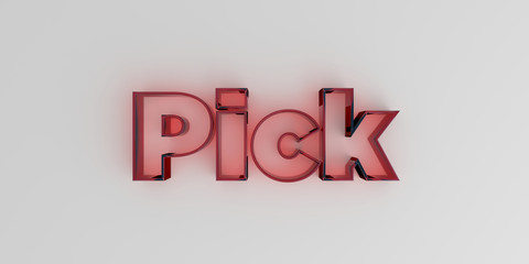 Pick - Red glass text on white background - 3D rendered royalty free stock image.