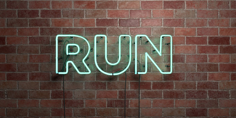 RUN - fluorescent Neon tube Sign on brickwork - Front view - 3D rendered royalty free stock picture. Can be used for online banner ads and direct mailers..