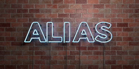 Fototapeta na wymiar ALIAS - fluorescent Neon tube Sign on brickwork - Front view - 3D rendered royalty free stock picture. Can be used for online banner ads and direct mailers..