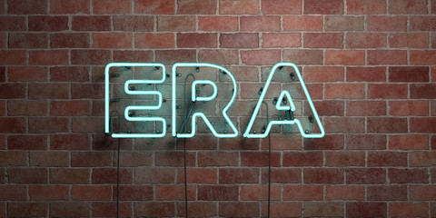 ERA - fluorescent Neon tube Sign on brickwork - Front view - 3D rendered royalty free stock picture. Can be used for online banner ads and direct mailers..