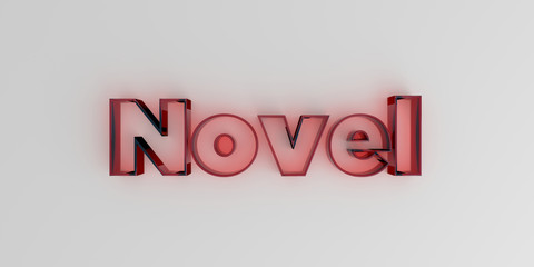 Novel - Red glass text on white background - 3D rendered royalty free stock image.