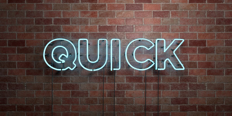 QUICK - fluorescent Neon tube Sign on brickwork - Front view - 3D rendered royalty free stock picture. Can be used for online banner ads and direct mailers..