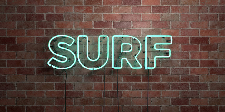 SURF - fluorescent Neon tube Sign on brickwork - Front view - 3D rendered royalty free stock picture. Can be used for online banner ads and direct mailers..