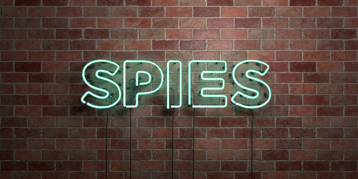 SPIES - fluorescent Neon tube Sign on brickwork - Front view - 3D rendered royalty free stock picture. Can be used for online banner ads and direct mailers..