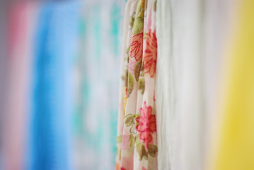 Closeup of colorful, spring, cotton blured, scarves. Vintage, backgrounds for cards.